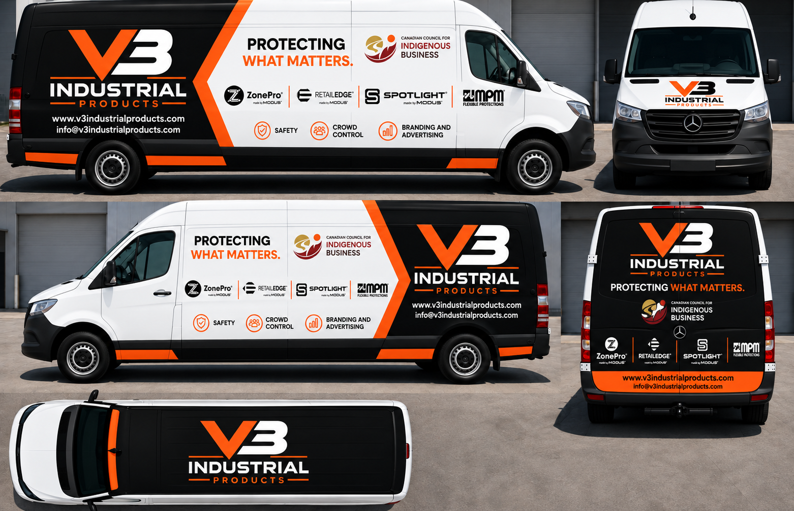 V3 Industrial Products branded van wrap shown from the side, front, rear and above, carrying the Protecting What Matters tagline and the MPM, ZonePro, RetailEdge and Spotlight logos.