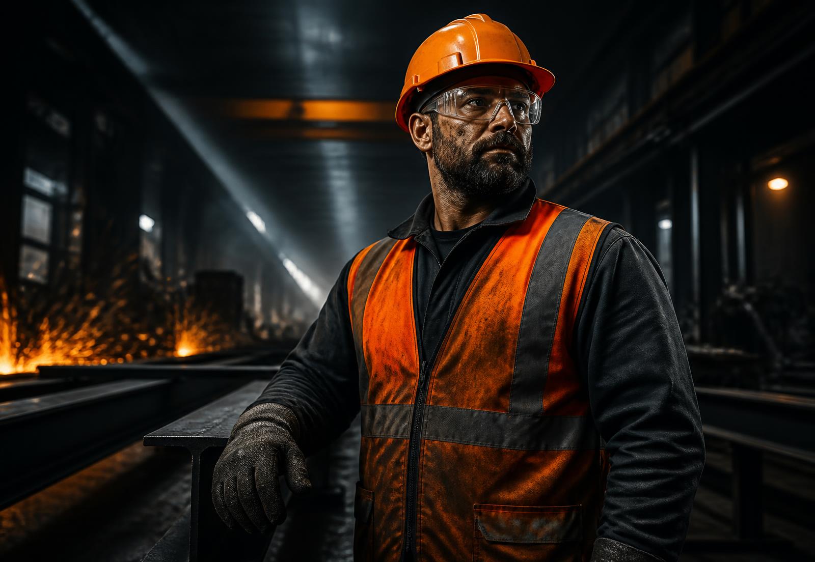 Industrial worker wearing a hard hat, safety glasses and high-visibility vest in a steel plant